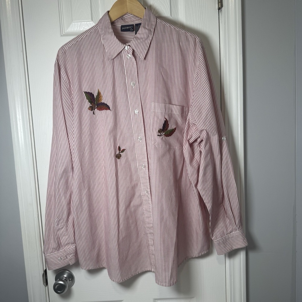 Allison & Co Womans‎ LS Button Down Shirt Autumn Fall Acorns Embroidered XL
